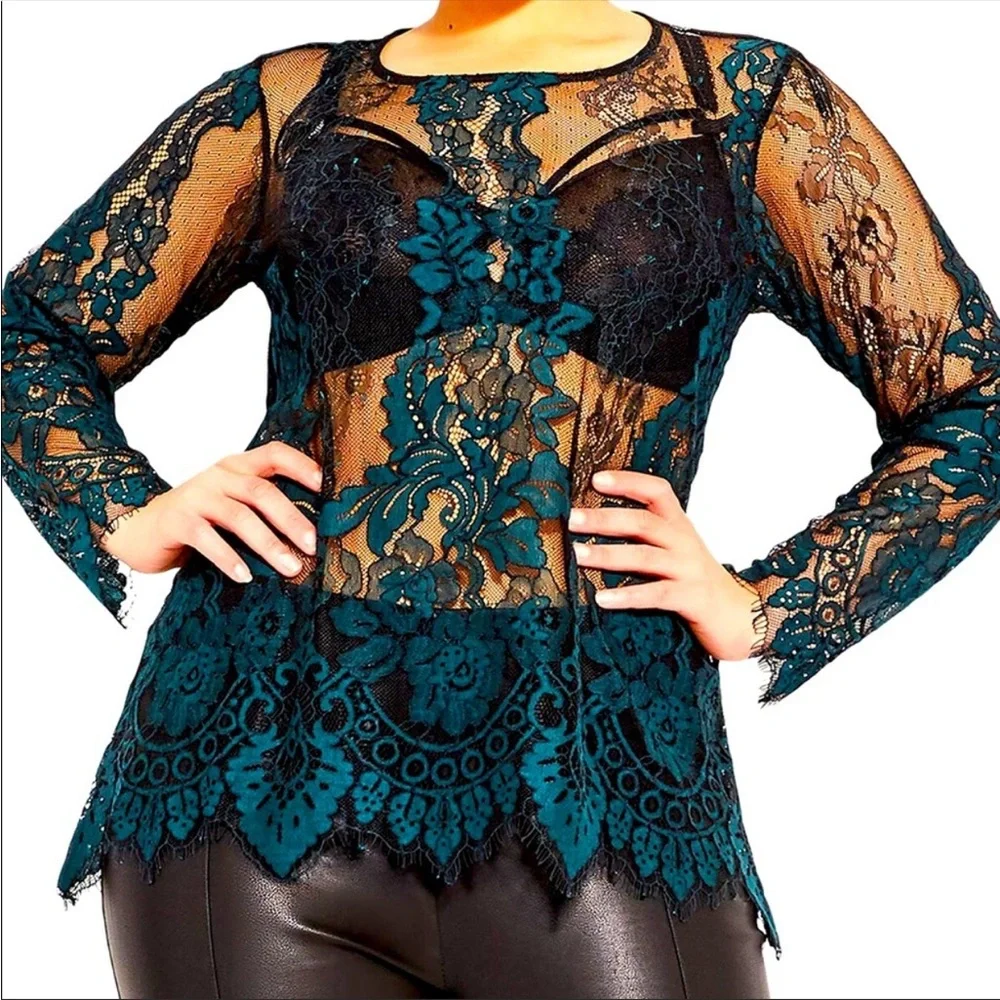 CITY CHIC Royal Lace Top emerald - Picture 3 of 12